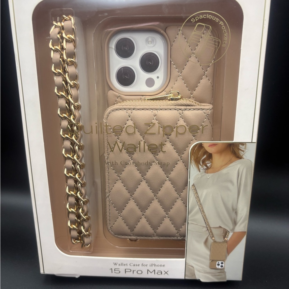 Quilted Zipper Wallet Case with Chain Strap for 15 Pro Max - Taupe